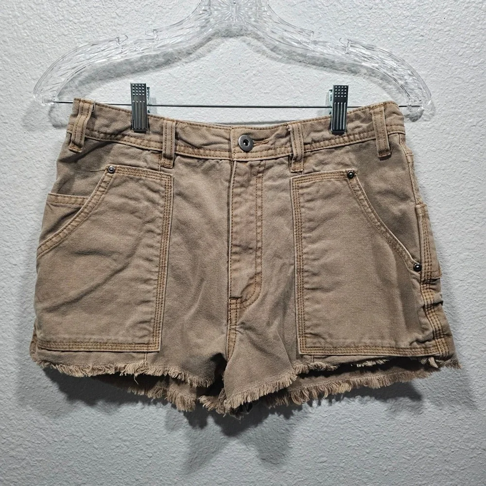 Free‎ People Tan Canvas Carpenter Utility Shorts Frayed Hem Khaki Womens 6